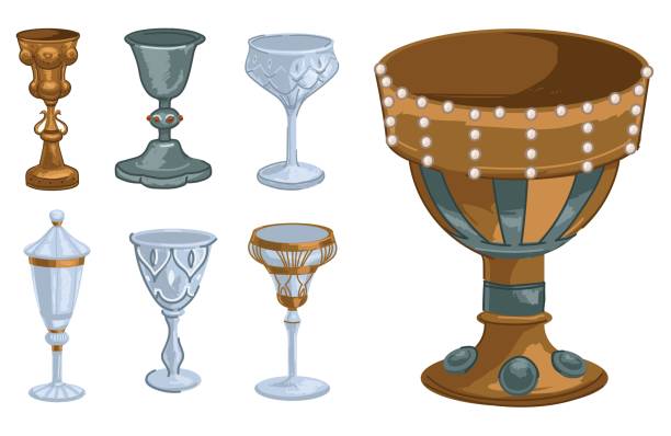 Goblet of gold and glass, decorated cups and mugs Mugs and cups decorated with gemstones and pearls, isolated goblets made of gold, glass and metal. Container for beverages or ceremonies in churches. Ancient medieval sign, vector in flat style crystal chalice stock illustrations