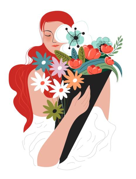 istock Happy female character holding bouquet in hands 2160661504