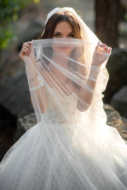 istock Bride in a wedding dress holding a veil before her face 2160669318