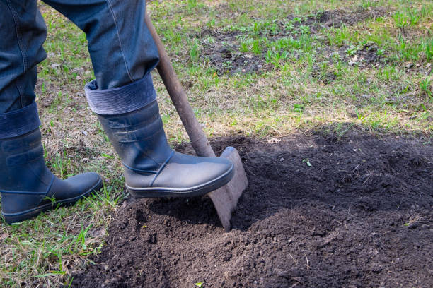 istock A man in rubber boots digs the ground with a shovel. Spring agricultural work 2160677407
