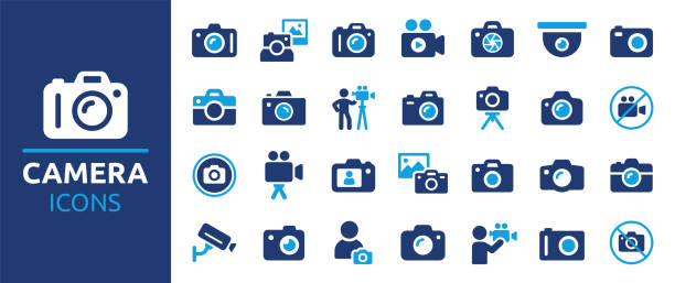 illustrations, cliparts, dessins animés et icônes de ensemble d'icônes de caméra. - appareil photo