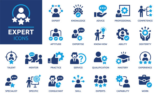 Expert icon set. Solid vector icons collection. Containing advice, competence, expertise, knowledge, skill, specialist, experience and more. overseeing stock illustrations