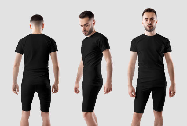 istock Mockup of black compression suit on bearded man, t-shirt, shorts front, back, side view, isolated on background. Set 2160679586