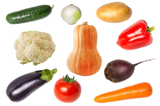 Group of vegetables - eggplant, pumpkin, tomato on a white, isolated background as an element for design.