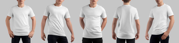 istock White t-shirt template on a teenager in black jeans, front, back view, for design, pattern, branding. Set 2160679597