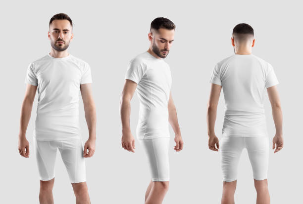 istock Mockup of white compression suit on bearded man, t-shirt, shorts front, back, side view, for design. Set 2160679607