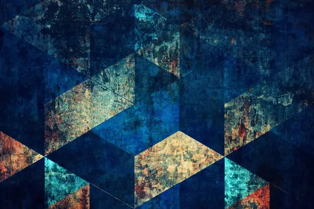 Photo of Retro Style Abstract Art Background: Diamond Shaped Patterns and Grunge Image Techniques in Navy Blue and Gold