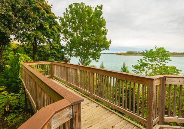 istock Custom Built wood deck Detroit River 2160680550