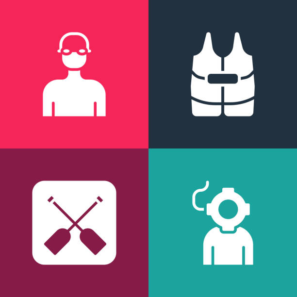 Set pop art Aqualung Paddle Life jacket and Swimmer icon. Vector.