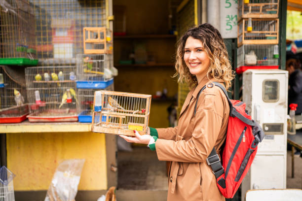 Buying new pet Portrait of smiling young woman looking at camera while holding cage with bird in front of pet shop Bird cages stock pictures, royalty-free photos & images