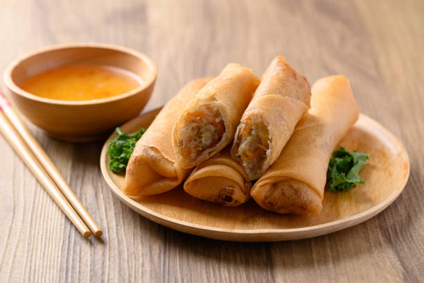 Asian deep fried spring roll filling with cabbage, carrot and glass noodles