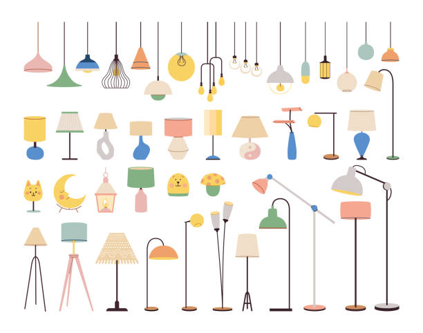 ilustraciones, imágenes clip art, dibujos animados e iconos de stock de conjunto de lámparas. luces nocturnas vectoriales planas, lámpara de pie, lámpara de techo de candelabros y lámpara para mesa. diferentes muebles ligeros de interior para la decoración moderna del hogar. ilustración vectorial de dibujos animados aisl - lámpara eléctrica