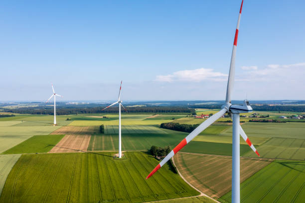 istock Wind farm and green fields, aerial view 2160692865