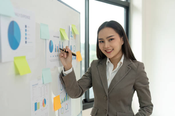 istock Confident Businesswoman Presenting Financial Data on Whiteboard in Modern Office Setting 2160692883