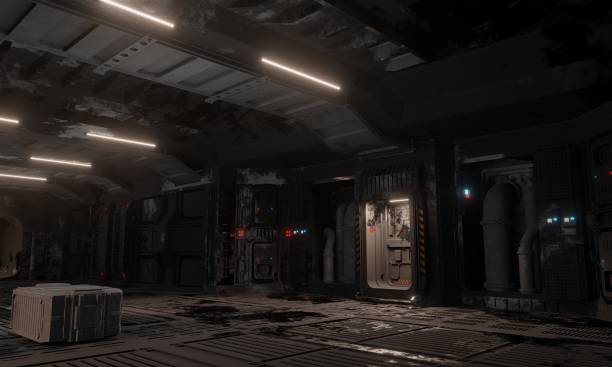 istock Science fiction simulation base doorway in dark scene 2160692911