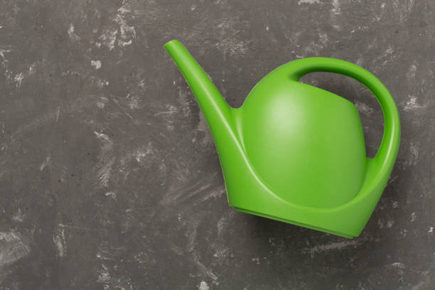 Watering can on concrete background, top, view