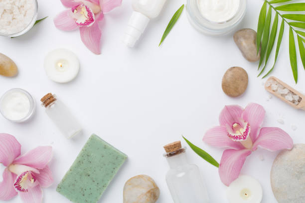 istock Composition with orchids, spa products on color background, top view 2160694471