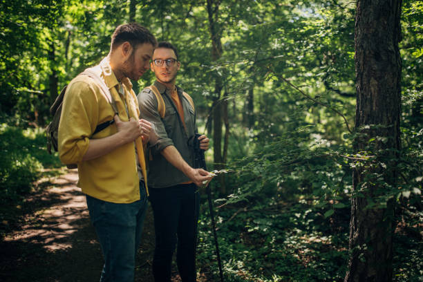 istock Hikers pausing to examine flora during forest hike. 2160697500
