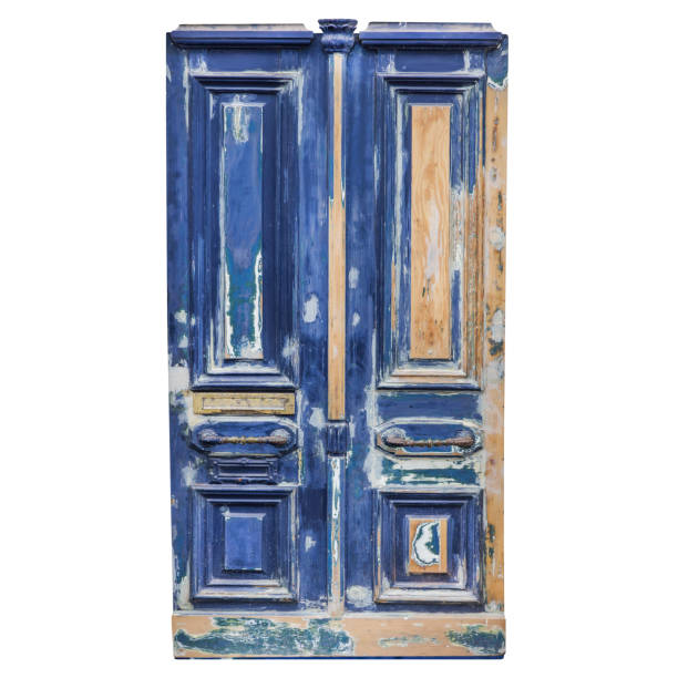 istock Old weathered blue double house door 2160701051