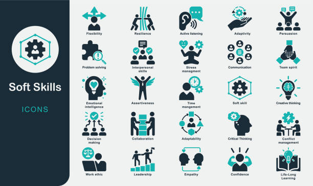 ilustraciones, imágenes clip art, dibujos animados e iconos de stock de colección de iconos sólidos de soft skills. confianza, comunicación, espíritu de equipo, asertividad, empatía, adaptabilidad, inteligencia emocional, liderazgo, gestión del tiempo, pensamiento creativo, resolución de problemas - eficacia