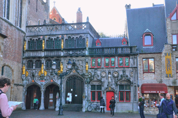 30-10-2014 Brussels, Belgium - Main entrance of Bruges Basilica of the Holy Blood, showcasing its incredible facade