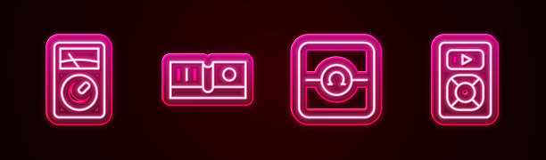 istock Set line Ampere meter, multimeter, Electric light switch, Ohmmeter and Music player. Glowing neon icon. Vector 2160711779
