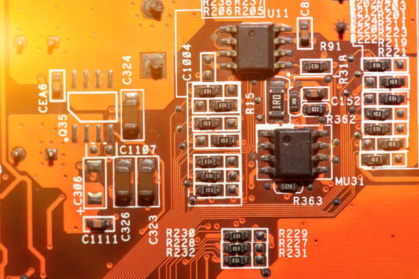 printed circuit. layout of tracks. PCB. processor, chip and electronic components