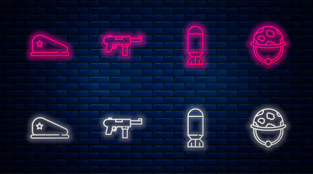 istock Set line Submachine gun M3, Aviation bomb, Military beret and helmet. Glowing neon icon on brick wall. Vector 2160719967