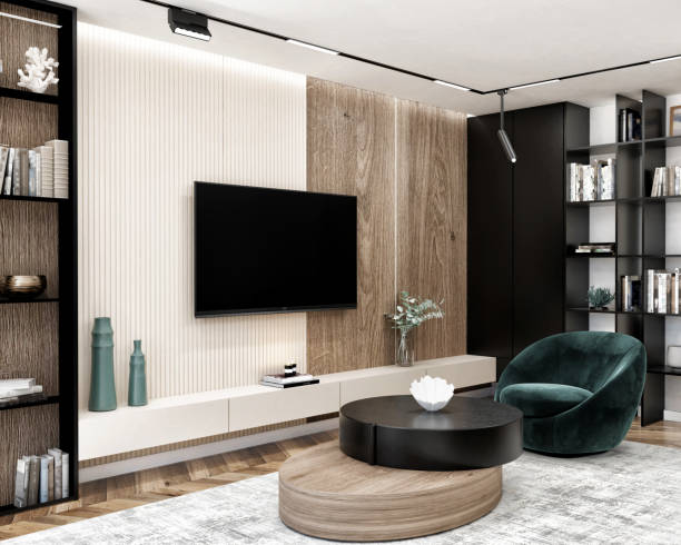 istock Modern living room with a TV on a cabinet 2160721061