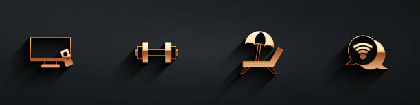istock Set Smart Tv, Dumbbell, Sunbed with umbrella and Wi-Fi wireless internet icon with long shadow. Vector 2160723425