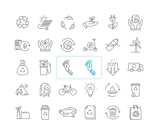Net Zero Customizable Line Icon Set Net Zero Customizable Line Icon Set contains such icons as Geen Energy, Water Conservation, Electric Car, Emissions Reduction, Sustainable Development, Decarbonization, Environmental Sustainability, and so on: Editable Stroke Width, and Adjustable Colors. zero emission vehicle stock illustrations