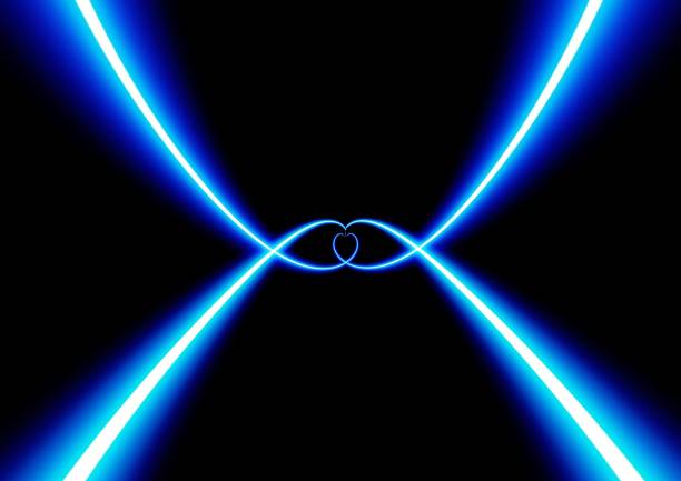 Abstract background of glowing curved blue light lines on black background