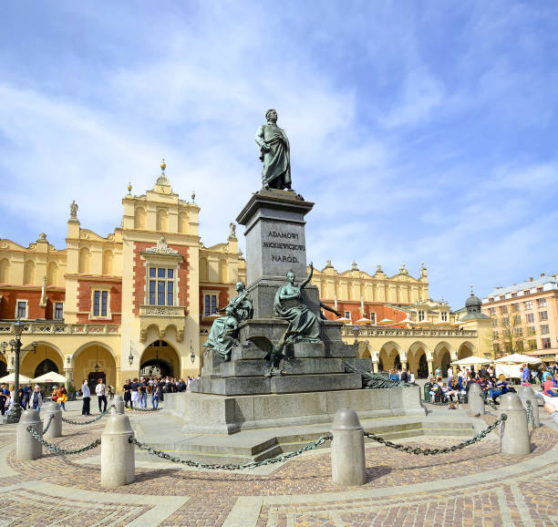 Krakow, Poland - Monument to Adam Mickiewicz, Main Square, Old Town, Krakow is UNESCO World Heritage Site