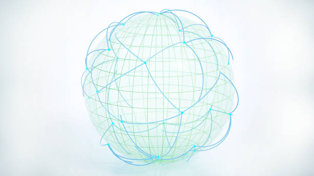 An abstract 3D rendering of a globe with a grid pattern, intricate lines connecting to form a web, and blue dots highlighting specific points. The globe is rendered against a soft blue and white gradient background.