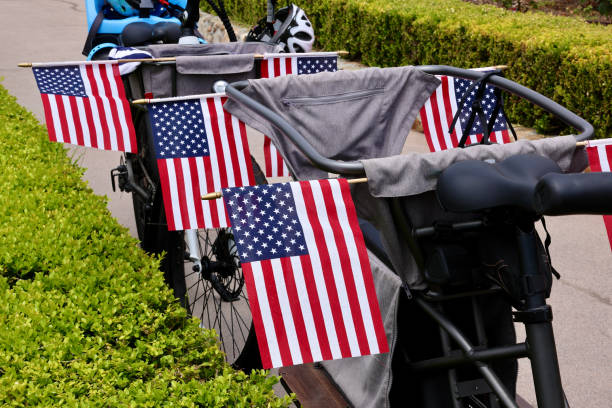 istock Bicycles decorated with American flags for the parade 2160750016