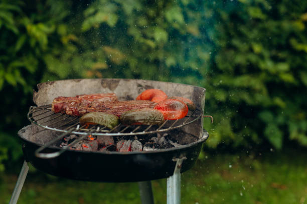 istock Vegetables and thick strip steak being grilled outdoors 2160751688