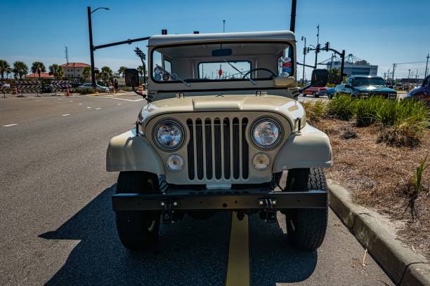 Gulfport, MS - October 01, 2023: High perspective front view of a Customized 1970 Jeep CJ 5 SUV at a local car show.