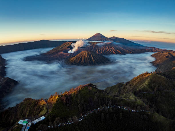 istock Aerial drone view of Bromo active volcano at sunrise,Tengger Semeru national park, East Java, Indonesia 2160756963