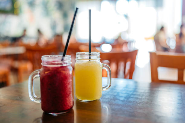 Refreshing fruity slushies in a jar on the table.