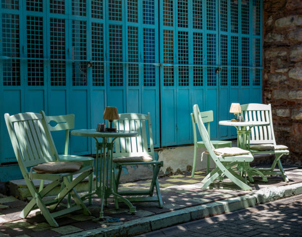 Restaurant tables and chairs in open area
