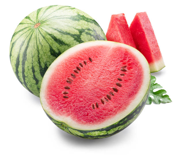 istock Round striped watermelon and watermelon slices isolated on white background. Clipping path. 2160772106