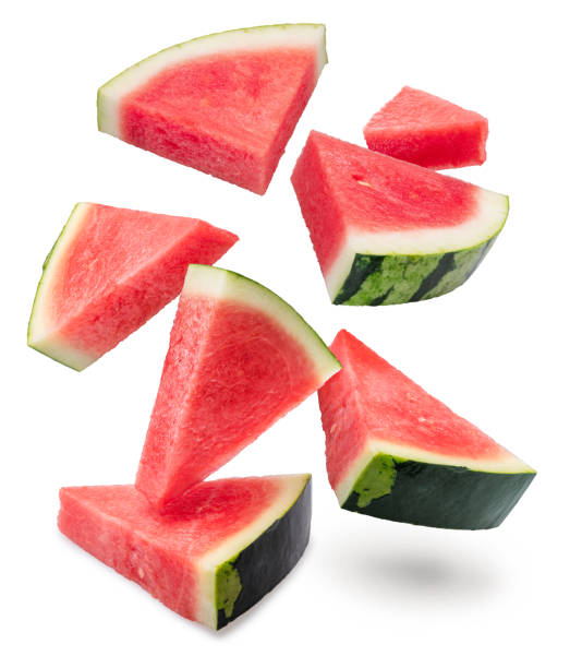 istock Watermelon slices falling down isolated on white background. File contains clipping paths. 2160772252