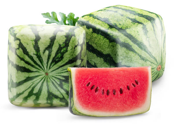 istock Square or cube striped watermelons and half of watermelon isolated on white background. File contains clipping path. 2160773042