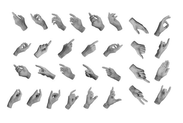 Pointing, reaching out, touching, tapping with finger, gesturing, showing set, hand sign isolated on