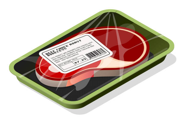 meat packaging Vector meat packaging illustration. 30° isometric projection black meat tray stock illustrations