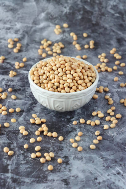 istock Image of dried soy bean, dal lentils, in white ceramic bowl, surrounded by scattered beans, nuts and pulses, healthy food, seeds, against granite kitchen worktop background 2160778174