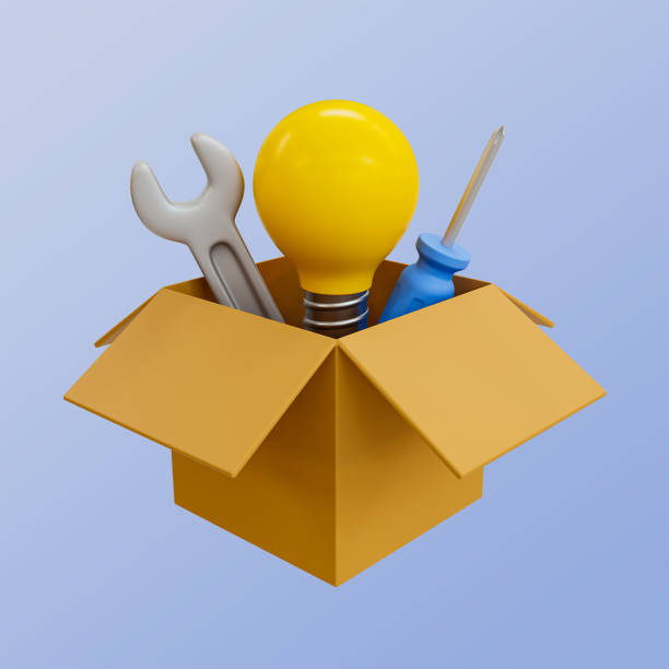 istock 3D illustration of lightbulb, wrench, and screwdriver inside an open cardboard box. 2160781889