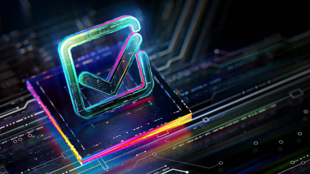 istock Digital check mark icon hologram on futuristic background. Productivity and rating evolution. Futuristic checkmark icon in world of technological progress and innovation. CGI 3D render 2160782103