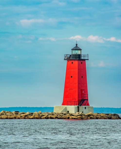 istock Red Lighthouse on Lake Michigan Manistique 2160784069