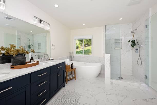 istock Modern bathroom interior with a freestanding tub. 2160787782